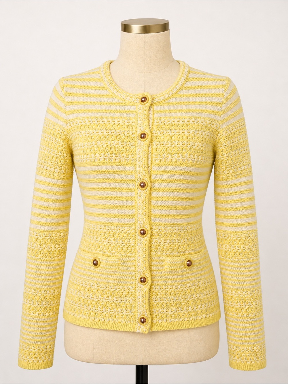 Trina Turk Yellow White Striped Cotton Knit Button-Front Cardigan Sweater Sz S